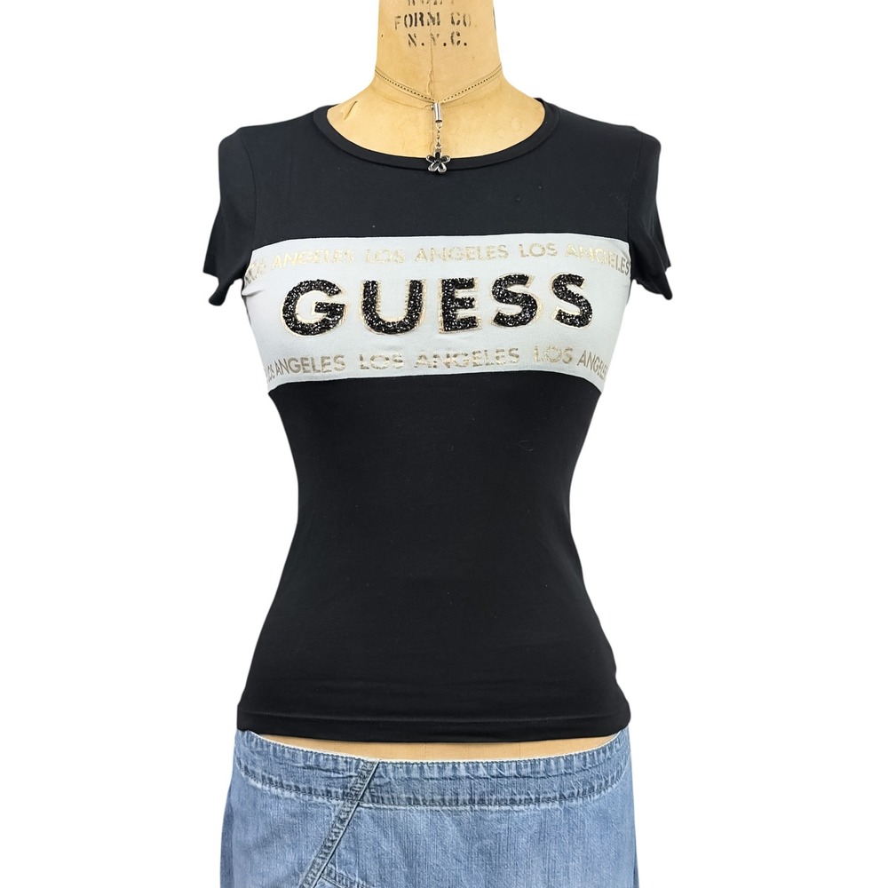 Y2K McBling Guess Rhinestone Rock Studded Tee Grunge Punk Edgy Size XS